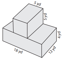 A composite 3-D shape. Its bottom portion is a cuboid with a length of 18yds, width of 12yds, and height of 4yds. Its top portion is a cuboid with a height of 5yds and length of 5yds.