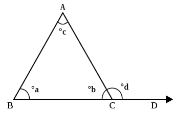 A triangle with an exterior angle, d, that's supplementary to interior angle b.