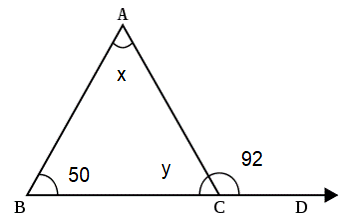 A triangle with a defined interior angle, 50°, and an exterior angle, 92°, that's supplementary to interior angle y.