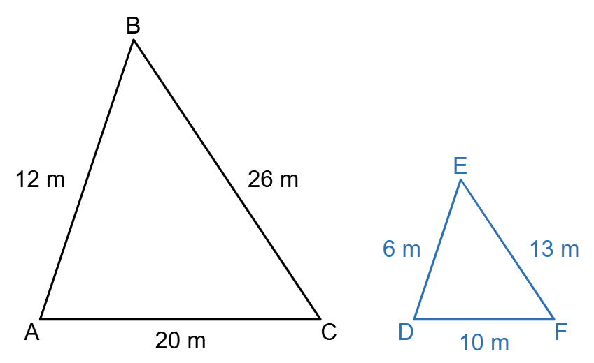A pair of similar triangles, one with side lengths half that of the other.