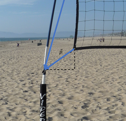 Algebraic vectors of rope holding up volleyball net.