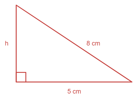 A right triangle with a hypoteneuse of 8 cm and a base of 5 cm.